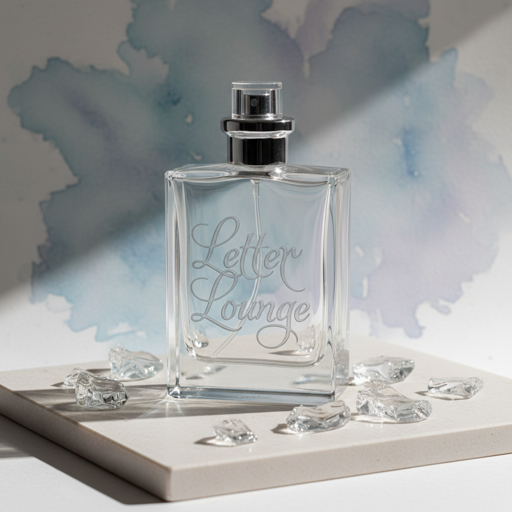 A close-up, photographic view of a custom-engraved perfume bottle, its clear glass surface etched with delicate, swirling letterforms forming the words “Letter Lounge.” The bottle stands on a pale stone slab with a soft matte finish, surrounded by scattered translucent glass fragments and a faint wash of watercolor on textured paper in the background. Cool, diffused studio lighting from above and behind catches the engraving, creating subtle highlights along each carved stroke and casting gentle, refined shadows. Framed at a slight angle with shallow depth of field, the bottle is in sharp focus while the watercolor blur recedes, evoking a luxurious, understated atmosphere and a modern, minimalist aesthetic.