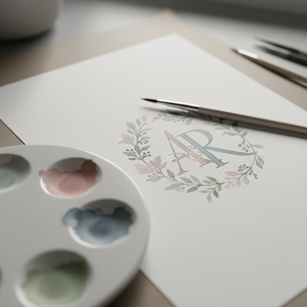 An atmospheric close-up of a watercolor workspace: a smooth porcelain palette dotted with desaturated blush, slate blue, and sage tones, beside a partially painted botanical monogram on heavyweight watercolor paper. The paper’s texture is visible, catching pigments in delicate gradients around the stylized initials. A slender, fine-tipped brush rests diagonally across the page, its metal ferrule subtly reflecting light. Overhead diffused daylight creates a soft, even glow, with faint, elegant shadows along the brush and paper edges. Photographed at an eye-level, three-quarter angle with shallow depth of field, the focus falls on the blending colors and refined linework, while the background fades into a muted blur, suggesting quiet concentration and modern artistic craftsmanship.