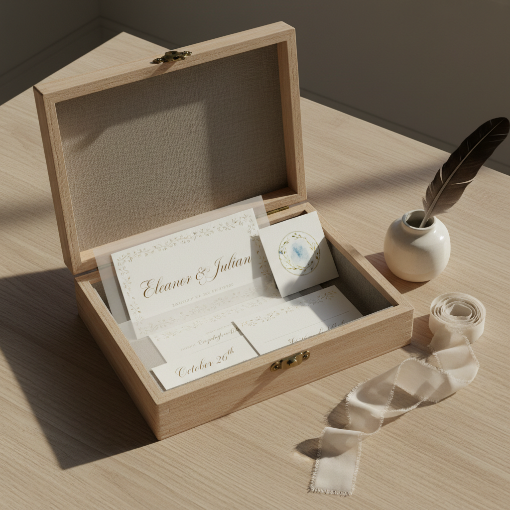 A refined desktop scene featuring an open portfolio box lined with muted taupe fabric, revealing a curated stack of calligraphed invitations, vellum overlays, and a small watercolor crest. Each piece showcases precise lettering in soft ink tones—warm gray, sepia, and pale gold—on creamy, textured cardstock. The box is placed on a pale oak tabletop with visible grain, accompanied by a ceramic ink well and a folded silk ribbon. Gentle afternoon light filters from a nearby unseen window, casting soft, elongated shadows and subtle gradients across the surfaces. Captured from a slightly elevated angle with balanced composition and photographic realism, the mood is serene, intentional, and exquisitely polished, reflecting a sophisticated creative studio brand.