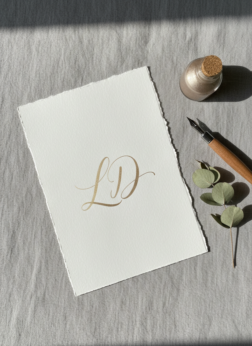 An elegant flat lay of a handcrafted calligraphy composition featuring the initials “LD” in flowing, metallic champagne ink on thick, soft-white cotton paper with deckled edges. The sheet rests on a muted dove-gray linen surface, surrounded by a slender glass ink bottle, a finely pointed dip pen, and a single dried eucalyptus stem. Soft, diffused daylight enters from the left, creating gentle gradients of light and shadow and a subtle sheen on the metallic strokes. Shot from directly above with a minimalist, photographic realism style, the composition uses ample negative space and a muted palette to convey sophistication, calm, and modern refinement, ideal for a creative studio hero image.