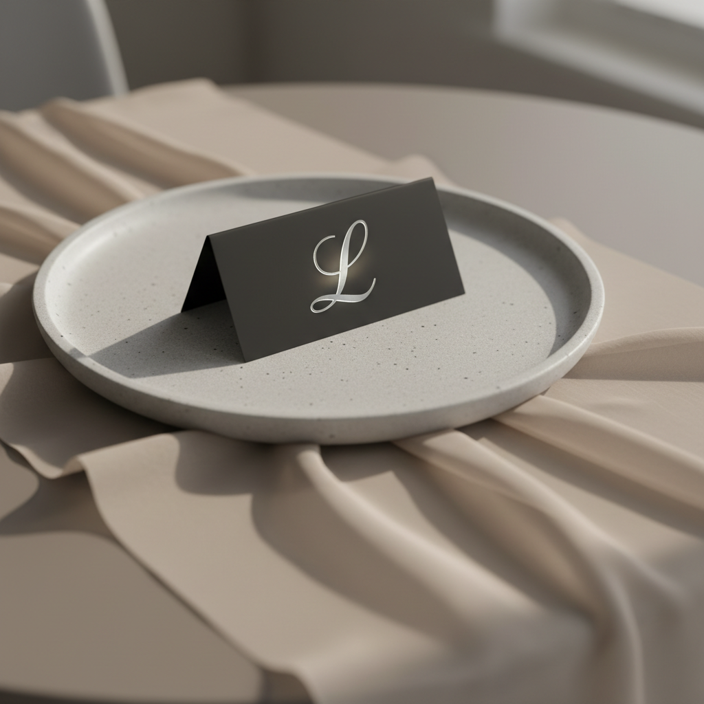 A luxurious detail shot of a matte black metal place card delicately engraved with a single luminous silver initial, positioned atop a pale stone plate with a subtle speckled texture. Beneath the plate, a gauzy, muted beige fabric runner flows in soft folds across a smooth, warm-gray tabletop. Directional side lighting from the right creates a gentle metallic gleam on the engraved letter and soft shadows in the fabric’s creases, enhancing depth and dimension. Captured in a tight, centered composition with a shallow depth of field and photographic realism, the image exudes understated opulence, minimalism, and the precise artistry of engravings showcased by LD Letter Lounge.